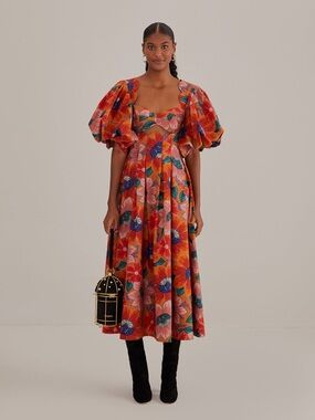 NWT Farm Rio Orange Marias Floral Cut-Out Midi Dress M